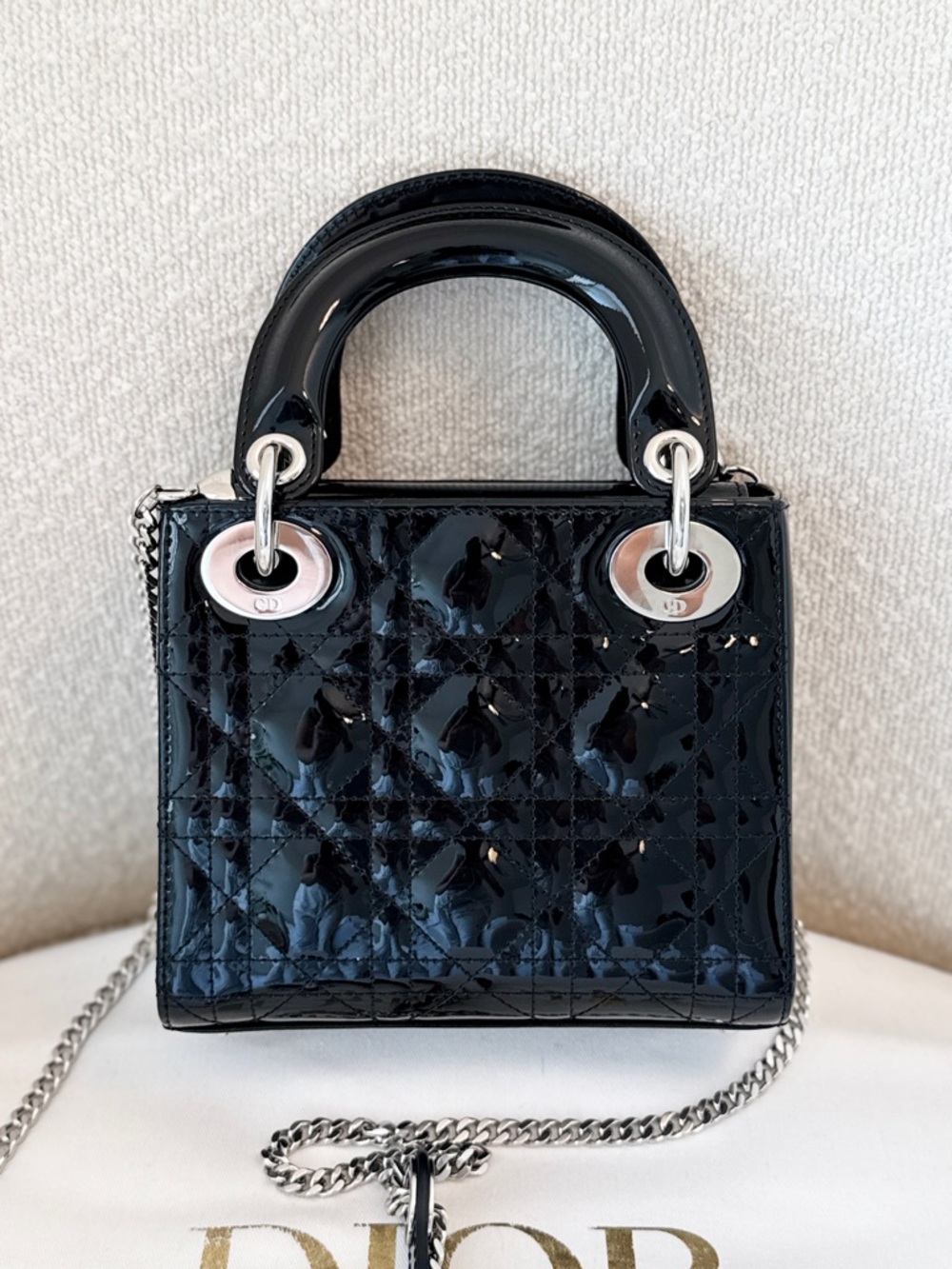 CHRISTIAN DIOR 2023 Mini Lady Dior Bag Black Patent Cannage Calfskin - Picture 10 of 16